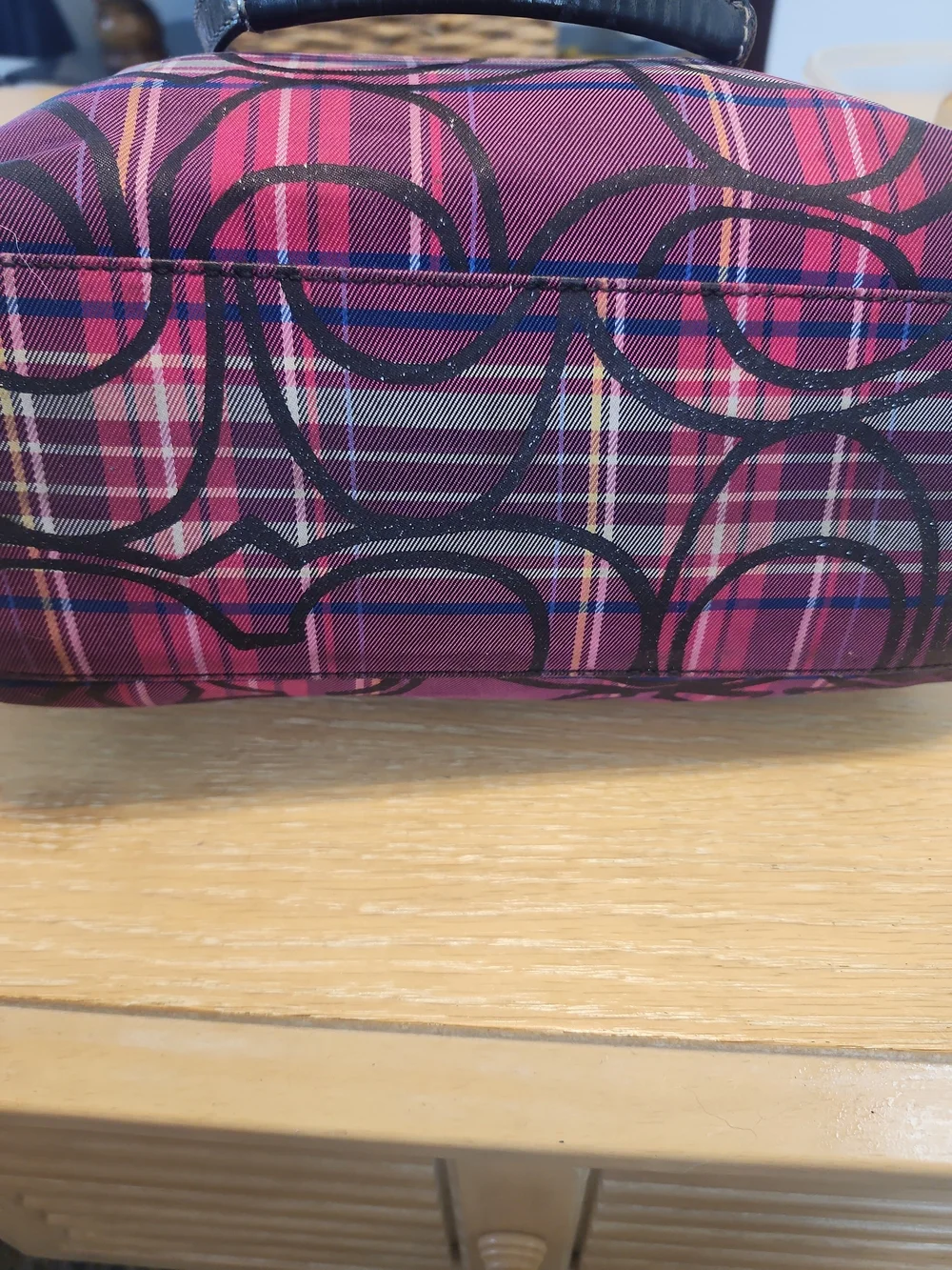 Coach Purple Pink Plaid Tote with Signature Circle Logo